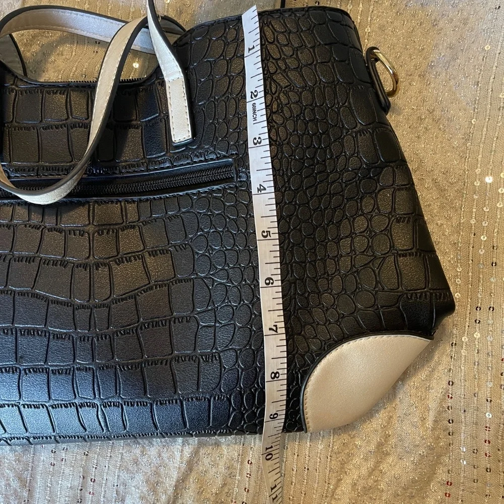 Black Croc Embossed Structured Tote Bag White Handles Top Handle Office Bag OS